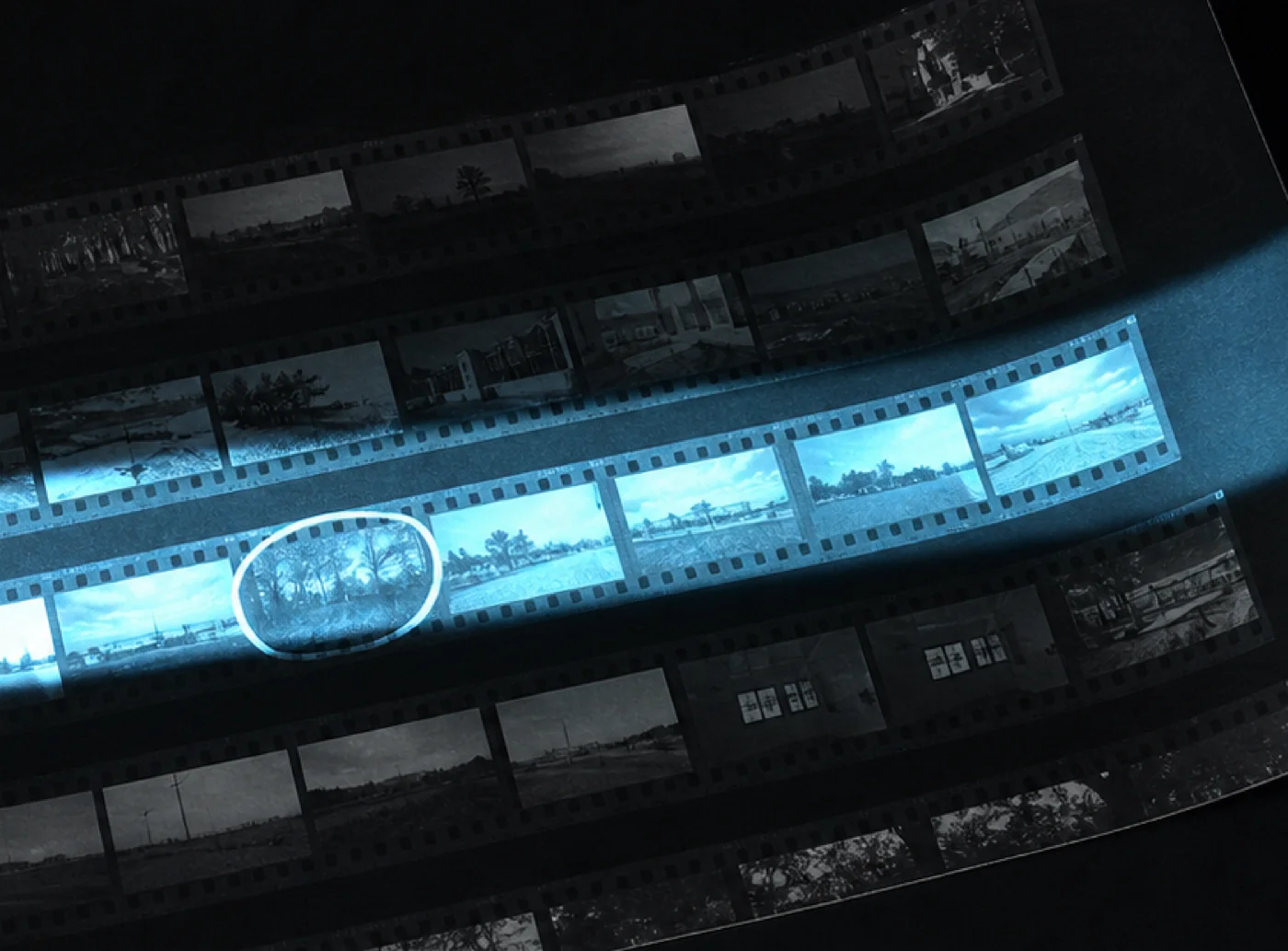 A 35mm contact sheet on a black surface, one frame circled in grease pencil, with a hard band of cold light sweeping across it.